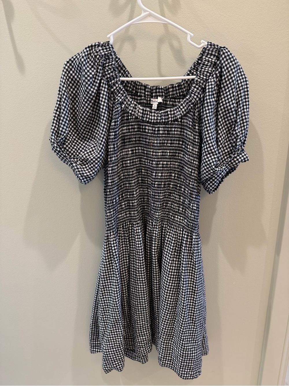 Madewell Black and White Gingham Smocked Puff Sleeve Midi Dress